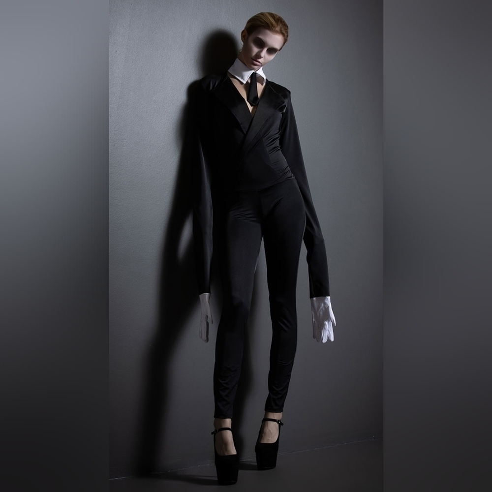 NEW Yandy Creepy Slim Slender Man Costume Long Arm Black Jumpsuit S/M